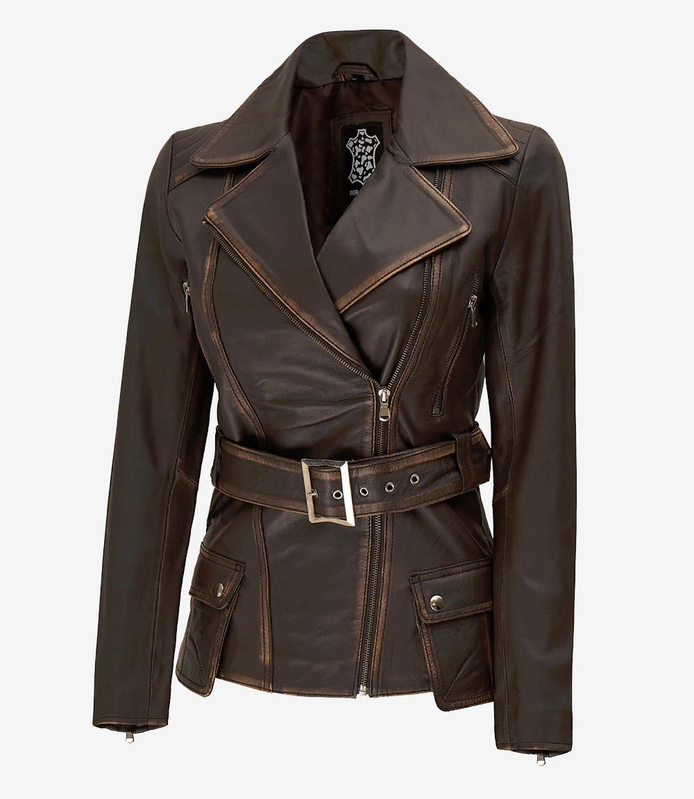 Hypercoat Women's Distressed Brown Leather Biker Jacket