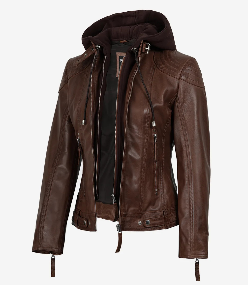 Hypercoat Women's Cognac Leather Jacket with Removable Hood