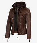 Hypercoat Women's Cognac Leather Jacket with Removable Hood