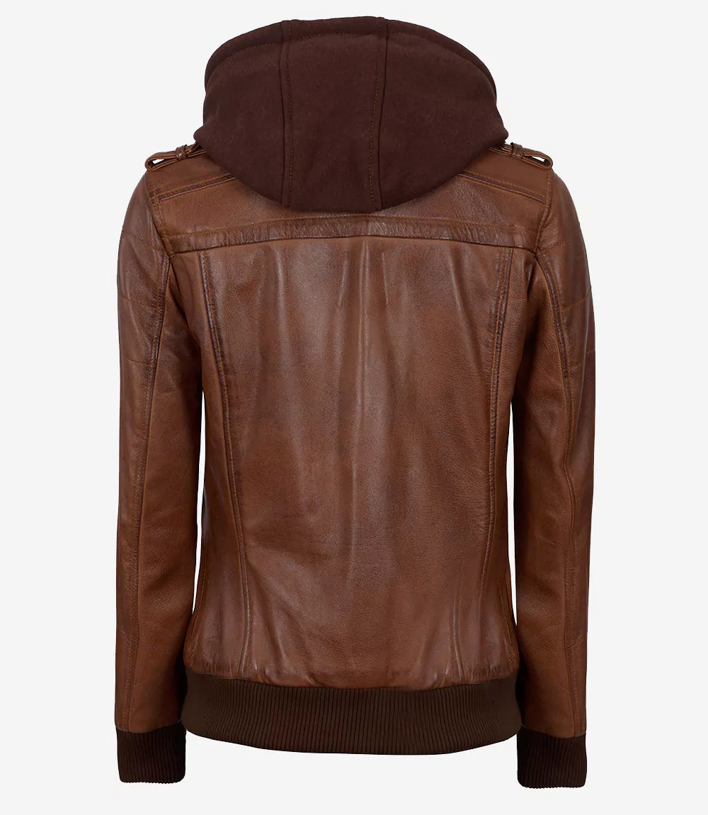 Edinburgh Women's Cognac Genuine Lambskin Leather Bomber Jacket with Removable Hood