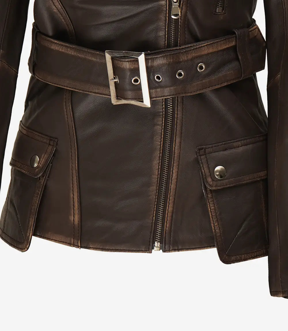 Hypercoat Women's Distressed Brown Leather Biker Jacket