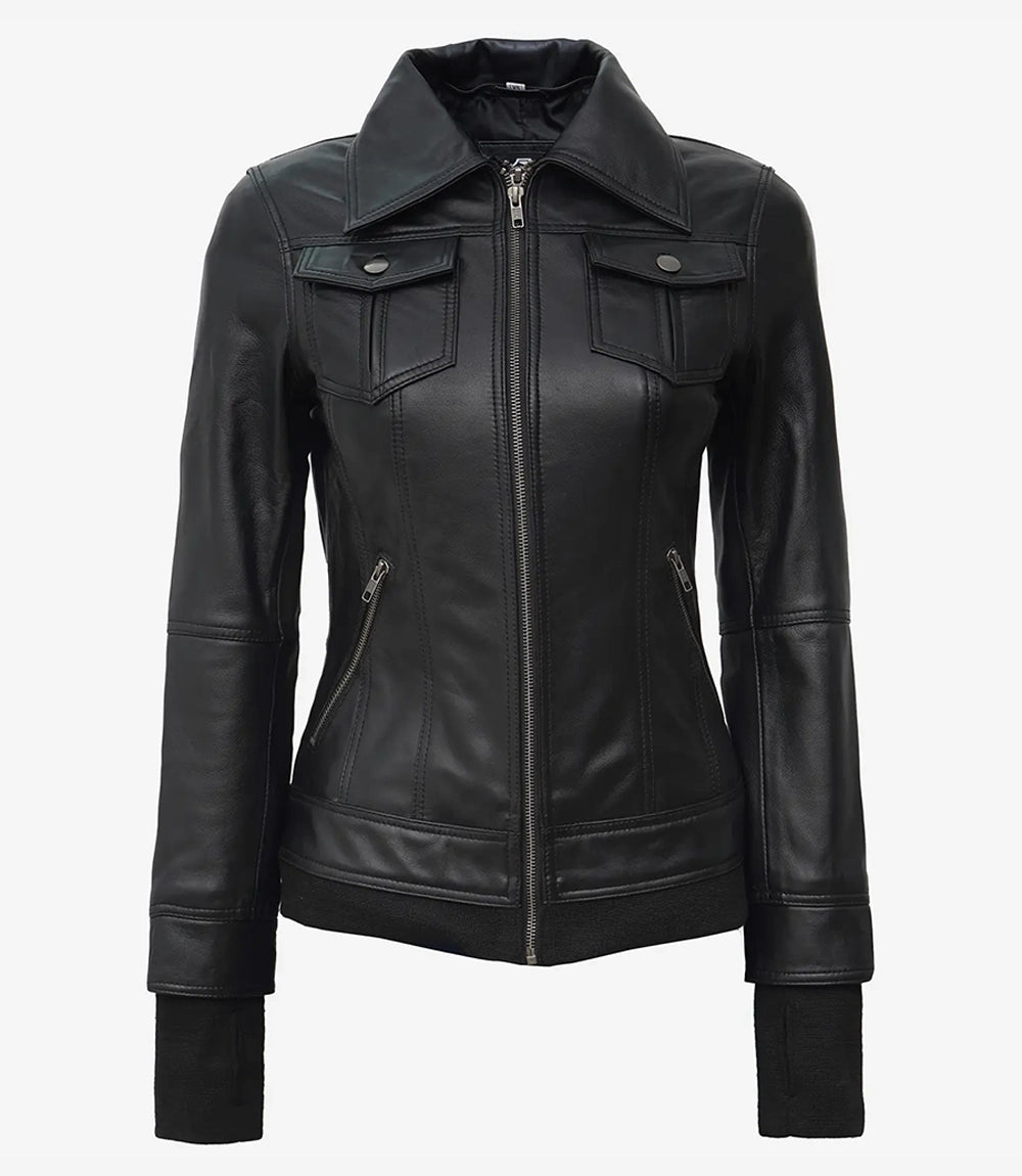 Tralee Women's Black Genuine Lambskin Leather Jacket with Removable Hood