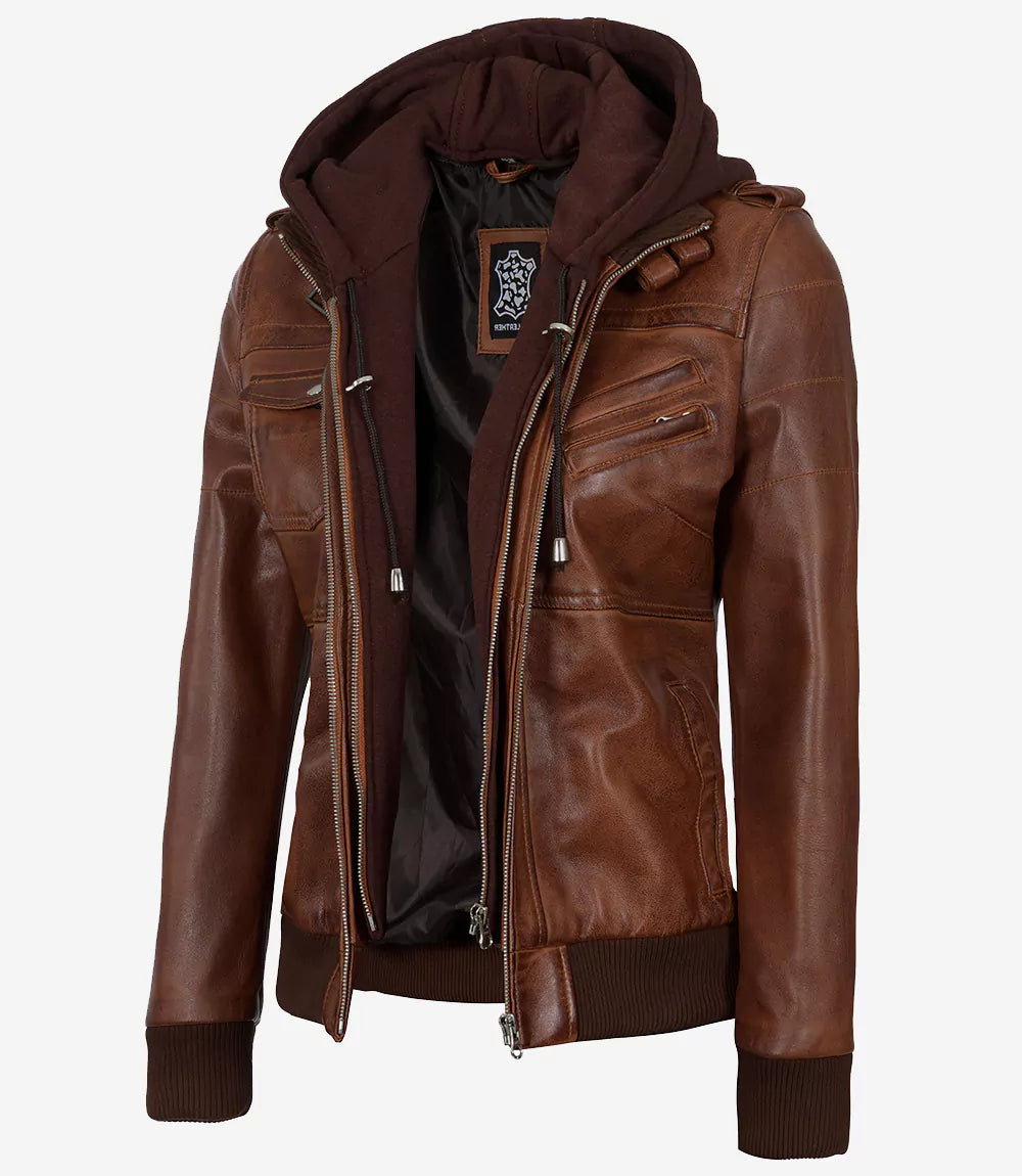 Edinburgh Women's Cognac Genuine Lambskin Leather Bomber Jacket with Removable Hood