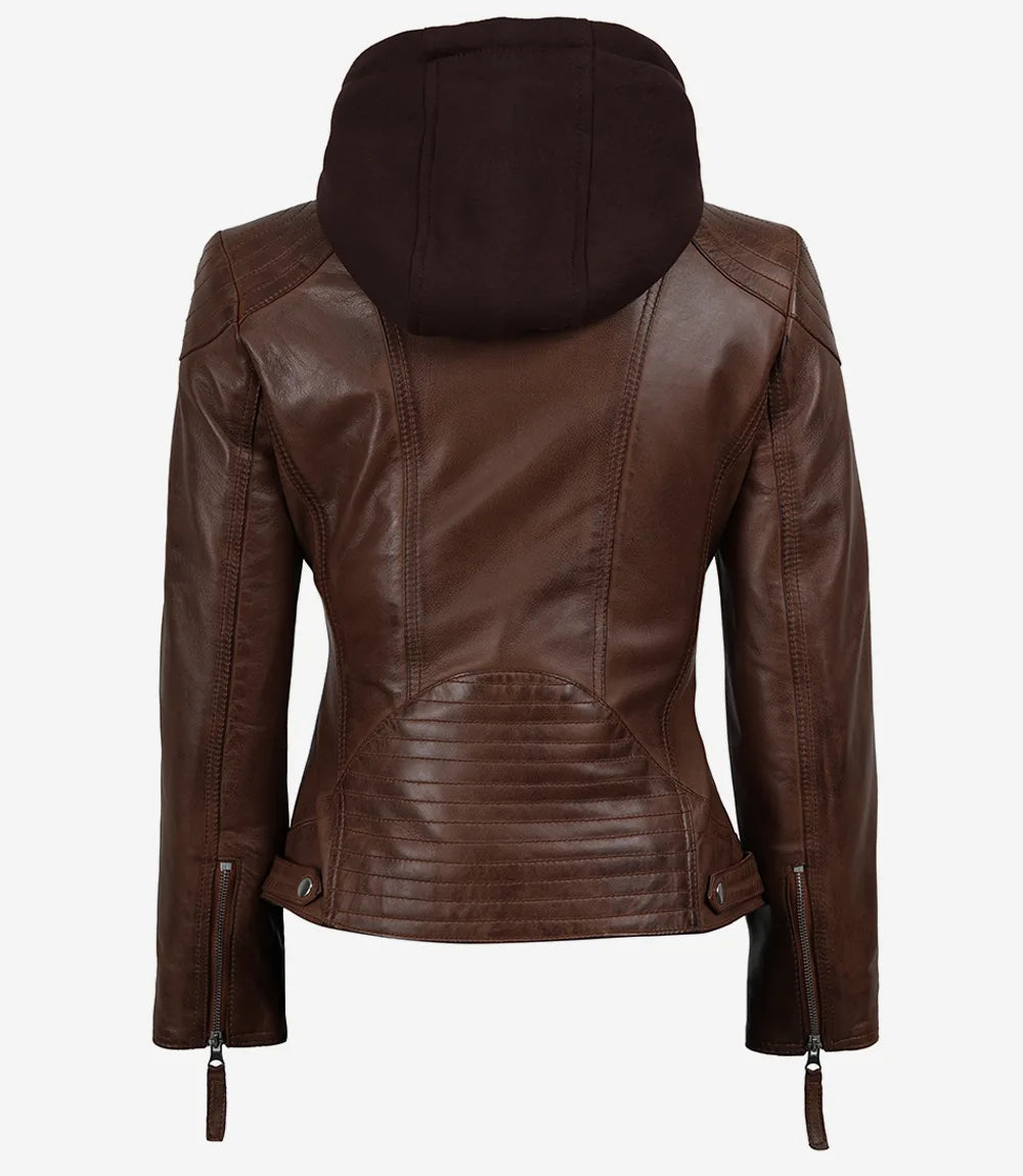 Hypercoat Women's Cognac Leather Jacket with Removable Hood