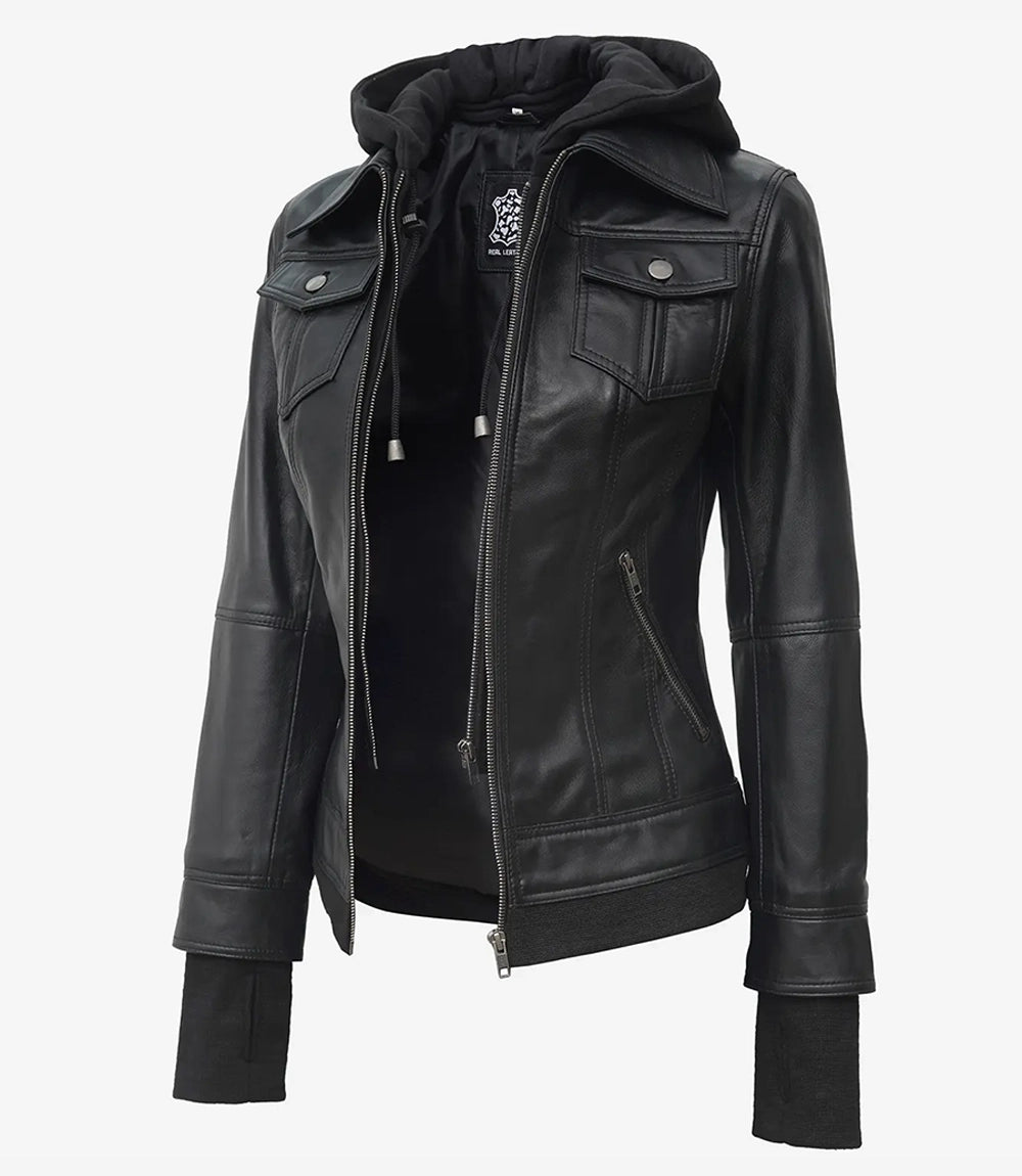 Tralee Women's Black Genuine Lambskin Leather Jacket with Removable Hood