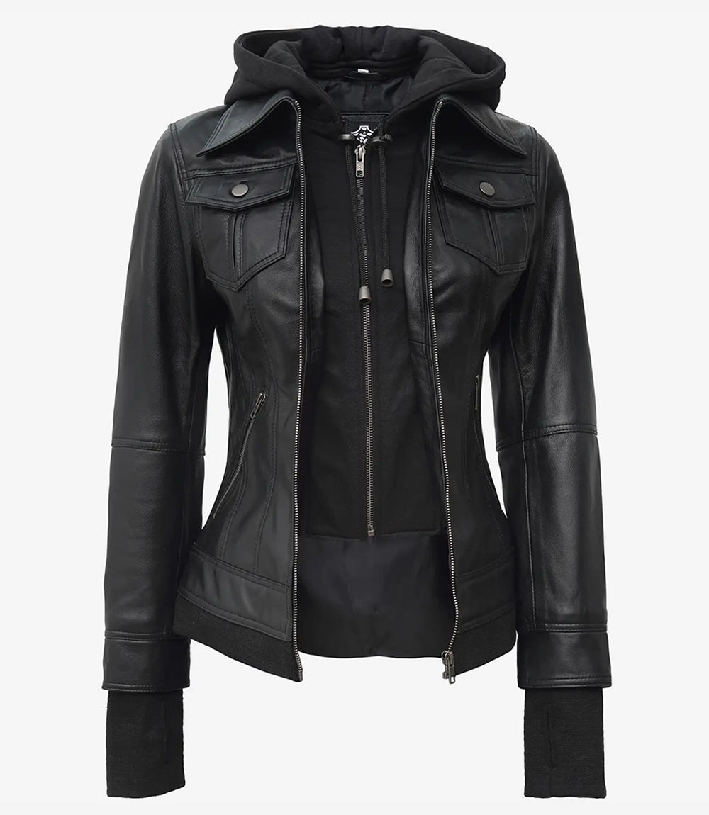 Tralee Women's Black Genuine Lambskin Leather Jacket with Removable Hood