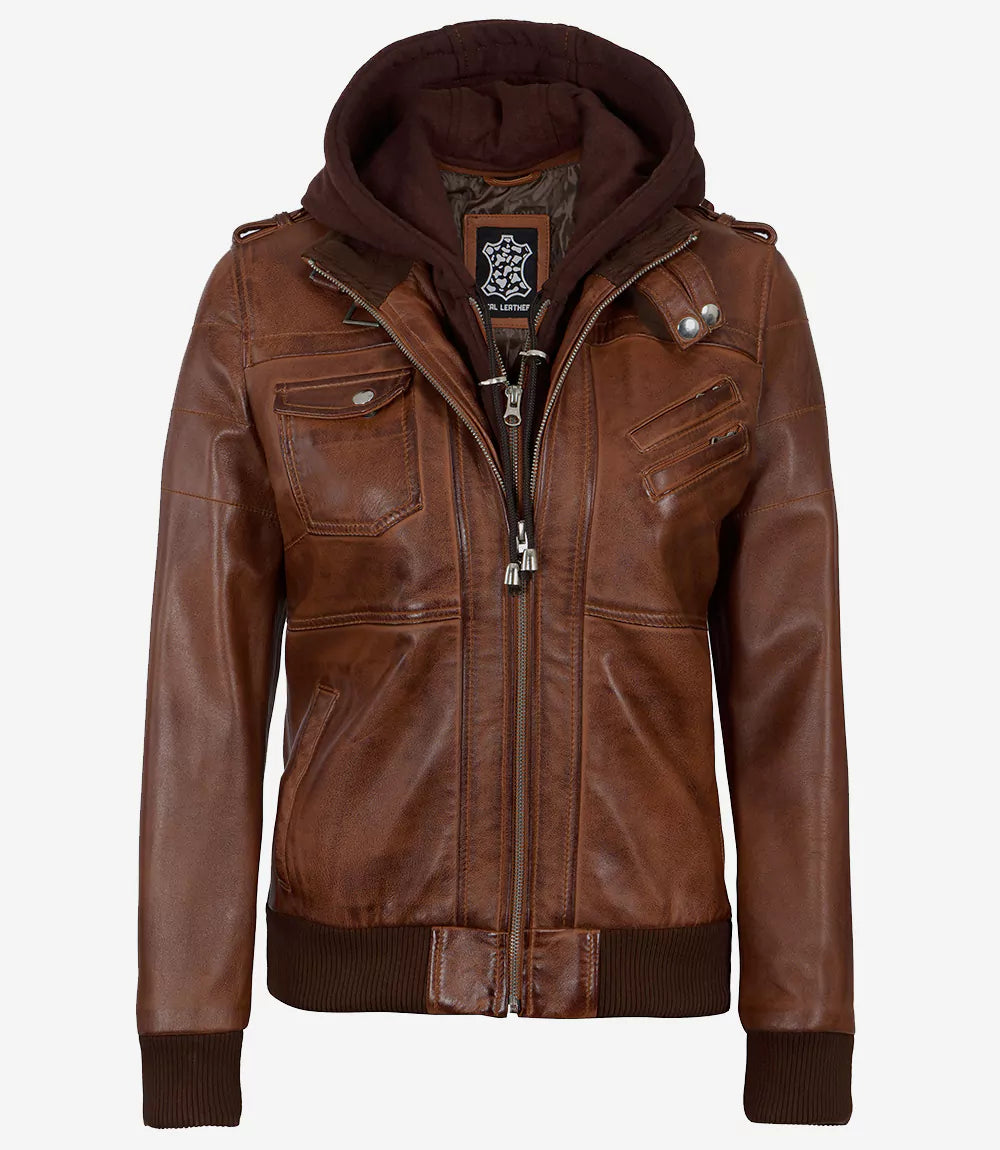 Edinburgh Women's Cognac Genuine Lambskin Leather Bomber Jacket with Removable Hood