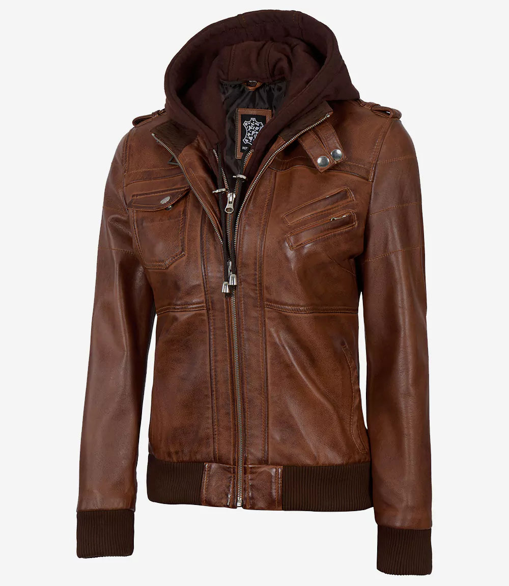 Edinburgh Women's Cognac Genuine Lambskin Leather Bomber Jacket with Removable Hood