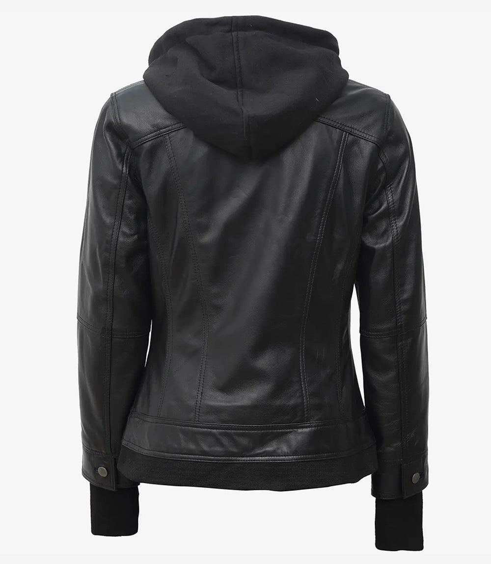 Tralee Women's Black Genuine Lambskin Leather Jacket with Removable Hood